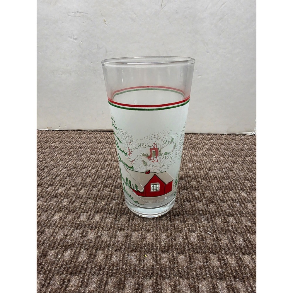 Vintage KIG Indonesia Winter Scene Glass Red House Snowy Trees Christmas Tumbler